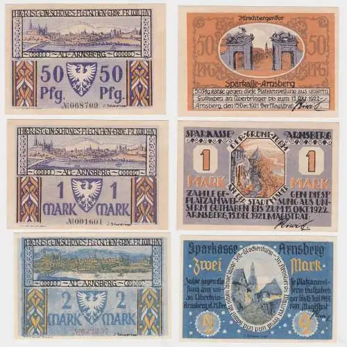 50 Pfennig 1 & 2 Mark Banknoten Notgeld Stadt Stadt Arnsberg 1921 (117338)