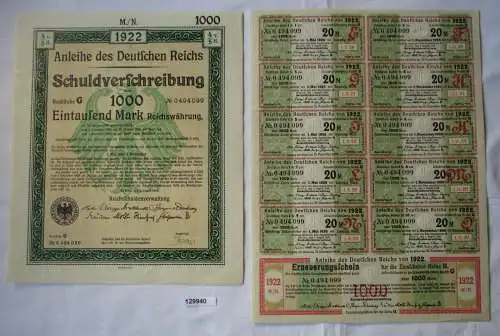 1000 Mark Aktie Schuldenverschreibung deutsches Reich Berlin 01.08.1922 (129940)