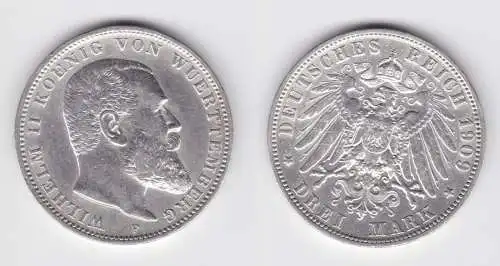 3 Mark Silber Münze Wilhelm II König von Württemberg 1909 f.vz (151496)