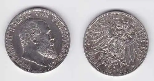 3 Mark Silber Münze Wilhelm II König von Württemberg 1910 f.vz (151503)