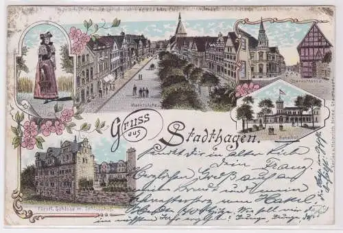 900966 AK Gruss aus Stadthagen - Marktplatz, Bahnhof, Schloss, Tracht 1897