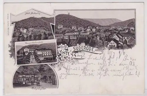 900861 AK Gruss aus Suderode - Hotel, Wasserheilanstalt, Felsenkeller 1896