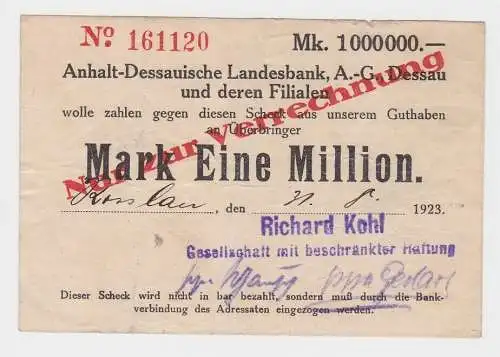 1 Million Mark Banknote Inflation Landesbank Dessau 31.8.1923 (151855)