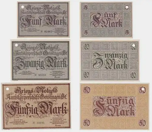 5, 20 und 50 Mark Banknoten Kriegsgeld Amtskörperschaft Geislingen 1918 (135776)