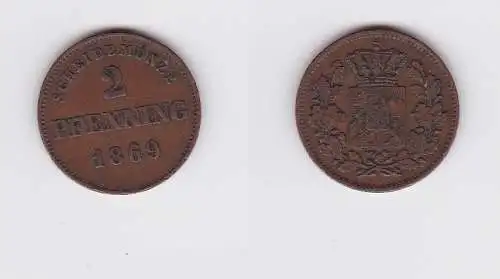 2 Pfennig Kupfer Münze Bayern 1869 (122890)