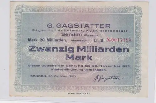 20 Milliarden Mark Banknote Senden (Bayern) Sägewerk 26.10.1923 (126261)
