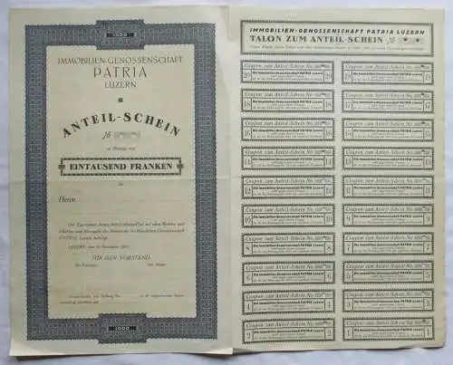 1.000 Franken Aktie Immobilien-Genossenschaft Patria Luzern 16.11.1927 (134257)