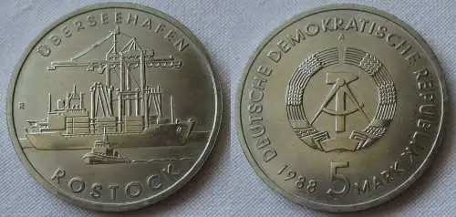 DDR Gedenk Münze 5 Mark Überseehafen Rostock 1988 Stempelglanz (155625)