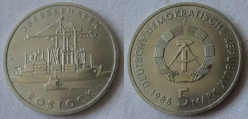 DDR Gedenk Münze 5 Mark Überseehafen Rostock 1988 Stempelglanz (152678)