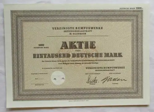 1.000 DM Aktie Vereinigte Rumpuswerke AG M. Gladbach Juni 1959 (121207)