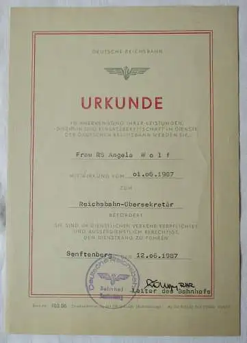 DDR Urkunden Beförderung Deutsche Reichsbahn Dresden Obersekretär 1987 (134965)