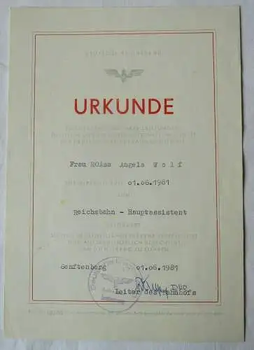 DDR Urkunden Beförderung Deutsche Reichsbahn Dresden Hauptassistent (134862)