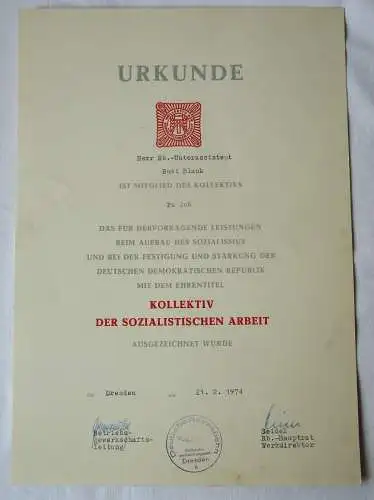 DDR Urkunden Deutsche Reichsbahn Dresden Kollektiv der soz. Arbeit (134751)