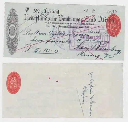 Nederlansche Bank voor Zuid Afrika Nederlandse bank cheque 1937 (133301)