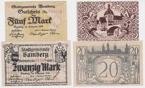 5 und 20 Mark Banknoten Notgeld Stadt Bamberg 1918 (120279)