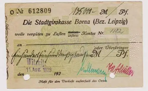 Firmenscheck 135000 Mark Banknote Stadtgirokasse Borna 11.8.1923 (120729)