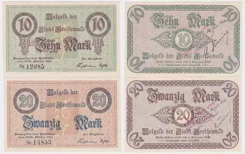 10 und 20 Mark Banknoten Notgeld Stadt Greifswald 1918 (120610)