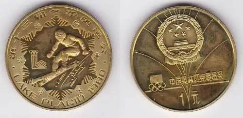 Münze China 1 Yuan Messing Olympiade Lake Placid 1980 Abfahrtsläufer PP (125079)