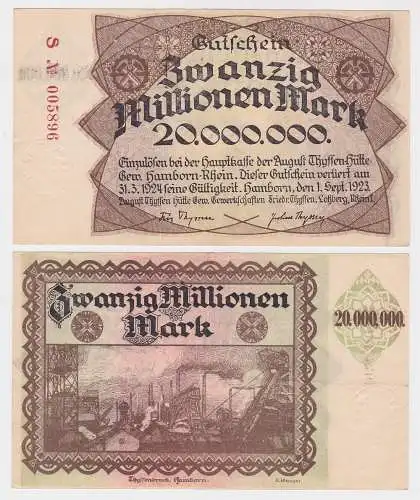 20 Millionen Mark Banknote Inflation Hamborn August Thyssen Hütte 1923 (114497)