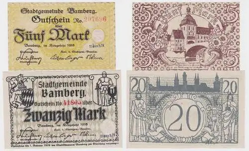 5 und 20 Mark Banknoten Notgeld Stadt Bamberg 1918 (120609)