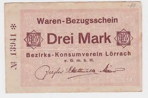 3 Mark Banknote Waren Bezugsschein Bezirks Konsumverein Lörrach  (105453)