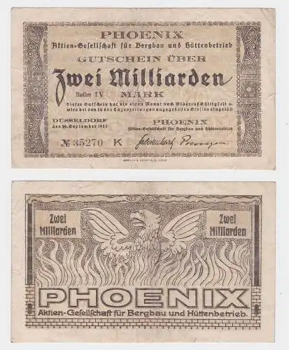 2 Milliarden Mark Banknote Düsseldorf Phoenix AG für Bergbau 1923 (121313)