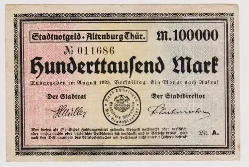 100000 Mark Banknote Stadt Altenburg August 1923 (120736)