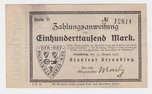 100000 Mark Banknote Stadt Straubing 15.8.1923 (121229)