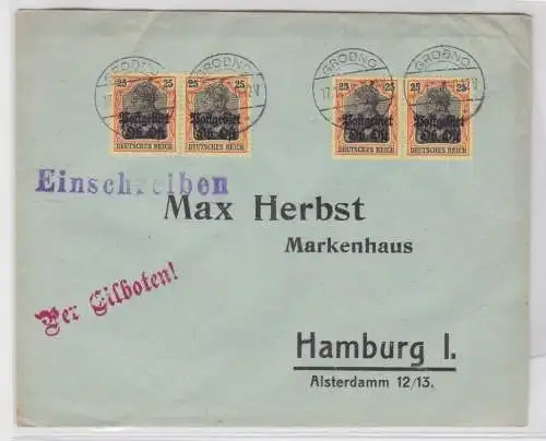 98758 seltener R-Brief Postgebiet Ob.Ost Grodno nach Hamburg 17.11.1918