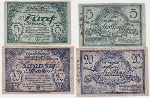 5 und 20 Mark Banknoten Notgeld Amtshauptmannschaft Stollberg 1918 (120768)