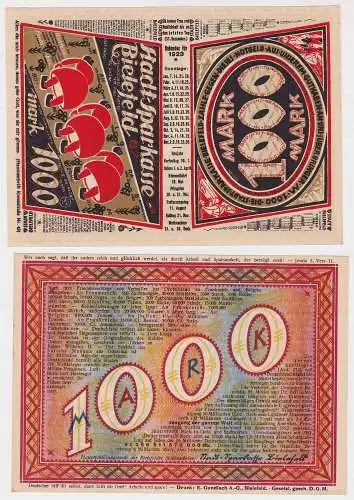 1000 Mark Banknote Inflation 1922 fast Kassenfrisches Bielefelder Notgeld