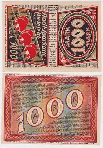 1000 Mark Banknote Inflation 1922 fast Kassenfrisches Bielefelder Notgeld