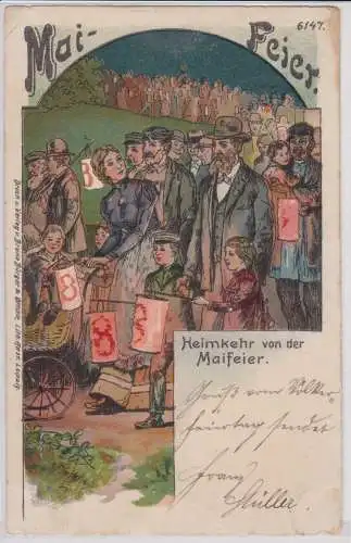 80992 Bruno Bürger Lithographie Heimkehr von der Maifeier 1908