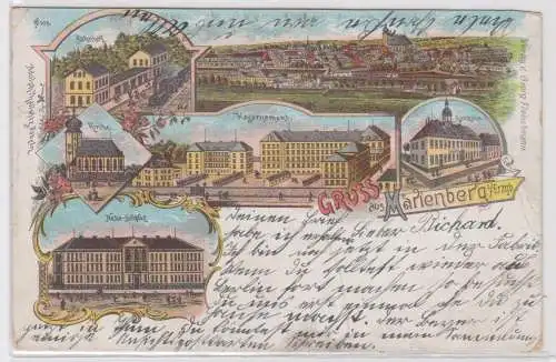 90205 Ak Lithographie Gruß aus Marienberg im Erzgebirge Bahnhof usw. um 1910