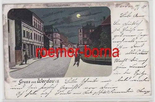 77642 Mondscheinkarte Gruß aus Werdau Reichenbacherstrasse 1900