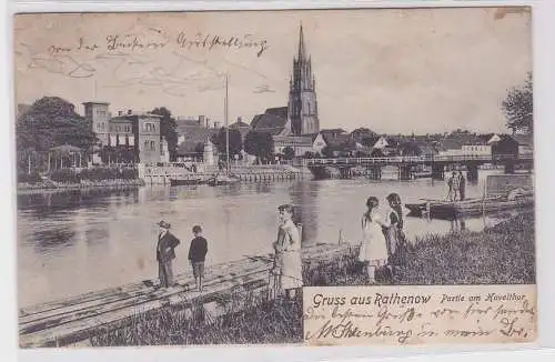 89373 AK Gruss aus Rathenow - Partie am Havelthor mit Bootsanleger & Kirche 1903