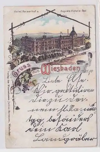89497 Lithografie AK Gruss aus Wiesbaden - Hotel Kaiserhof, Augusta-Victoria-Bad