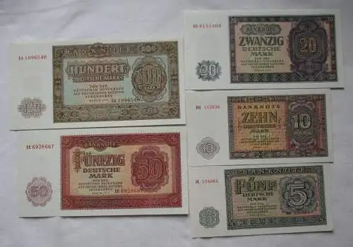 5 x Banknoten 5, 10, 20,50 und 100 Mark DDR Deutsche Notenbank 1955 UNC (164095)