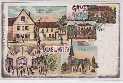 904621 Ak Lithographie Gruß aus Podelwitz Gasthof, Schule, Kirche usw. 1905