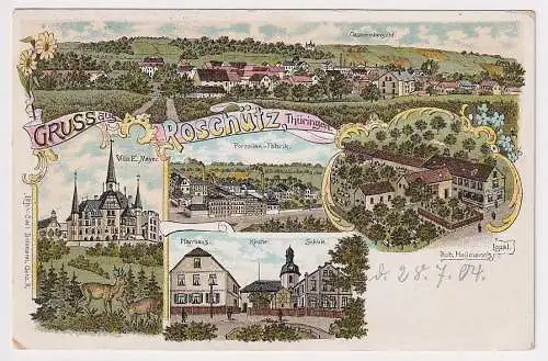 99288 Ak Lithographie Gruß aus Roschütz in Thüringen Porzellanfabrik usw. 1900