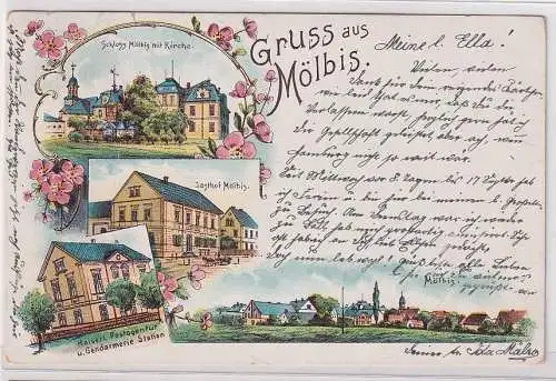 905256 Ak Lithographie Gruß aus Mölbis Schloss, Restaurant, Post usw. 1902