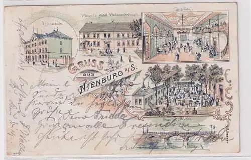 07920 Ak Lithographie Gruß aus Nienburg a.S. Hotel, Volksschule usw. 1902