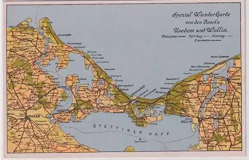 30139 Ak Spezial Wanderkarte von den Inseln Usedom und Wollin um 1940