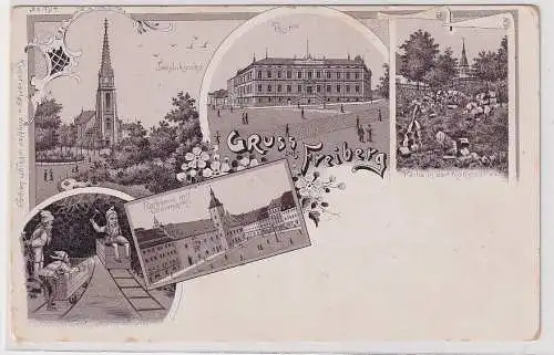 906687 Lithographie Ak Gruss aus Freiberg - Jakobkirche, Post, Rathaus usw.