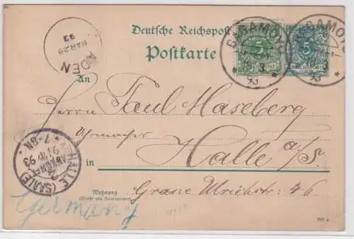 903672 Ganzsachen Postkarte Bagamoyo n. Halle - Pangani DOA Weihnachten 1892