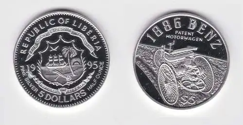 5 Dollar Silber Liberia 1995 Patent Motorwagen 1886 Benz (154404)