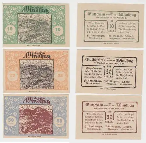 10, 20 und 50 Heller Banknoten Notgeld Gemeinde Windhag 1920 (154658)