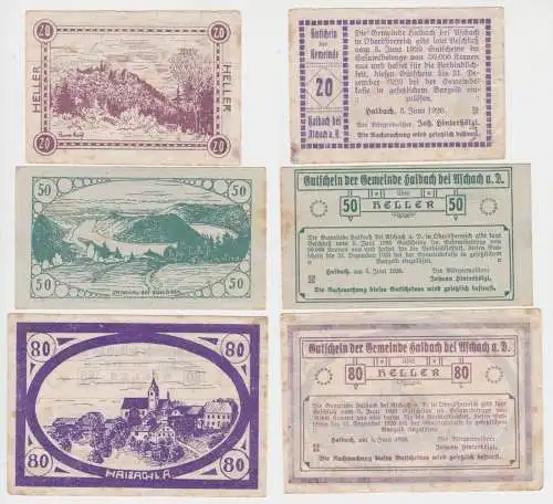 20,50 und 80 Heller Banknoten Notgeld Gemeinde Haibach bei Aschach 1920 (154687)