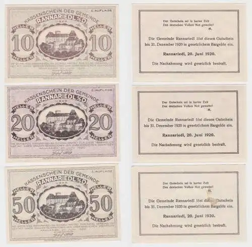 10,20 und 50 Heller Banknoten Notgeld Gemeinde Rannariedl 1920 (154620)