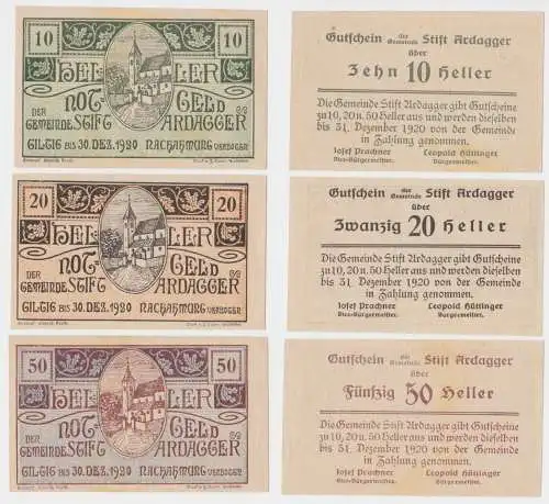 10, 20 und 50 Heller Banknoten Notgeld Gemeinde Stift Ardagger 1920 (154713)